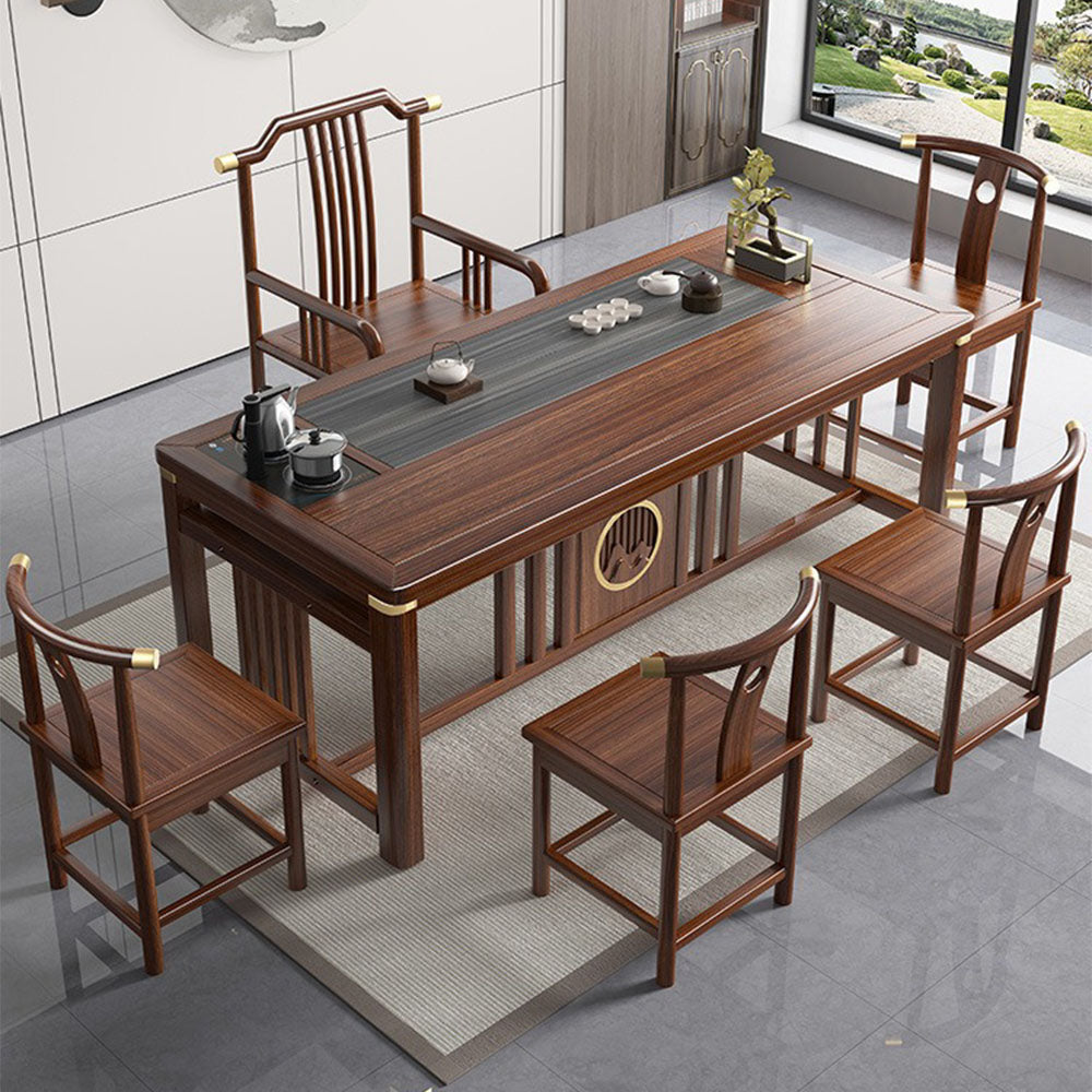 Close-up of the durable elm wood surface of the Zen tea table, highlighting the natural grain