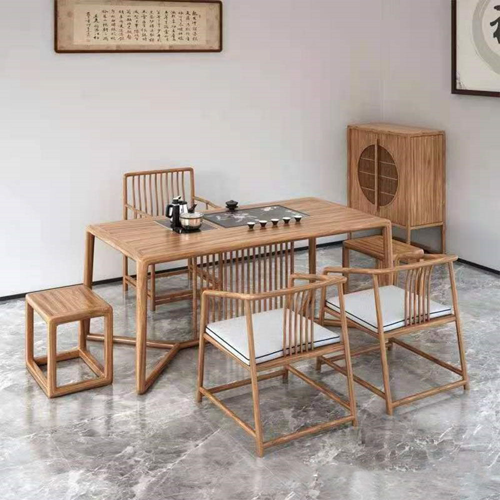 Elegant Elm Wood Gongfu Tea Table Set from a side angle, highlighting its craftsmanship and design.