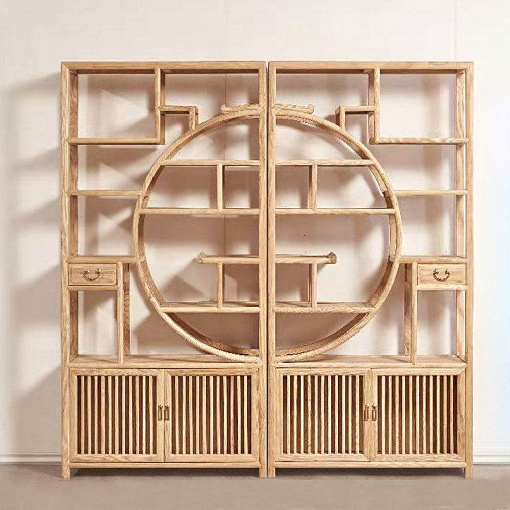 Rosewood curio display cabinet with multiple compartments and elegant copper pull tabs