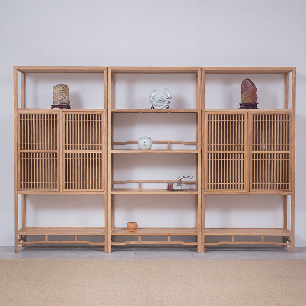 Close-up of the elm wood grain on the curio cabinet showcasing natural texture