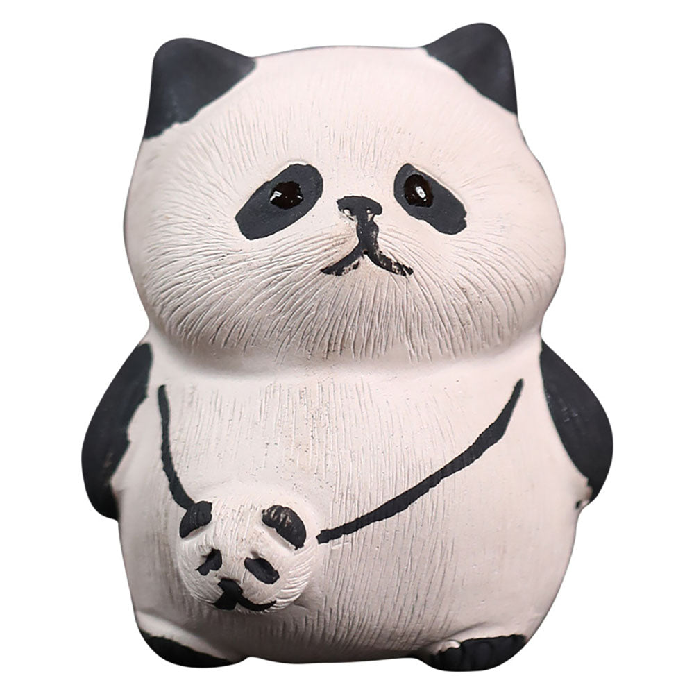 Front view of a handmade clay panda tea pet made from Yixing clay, showing detailed facial expression