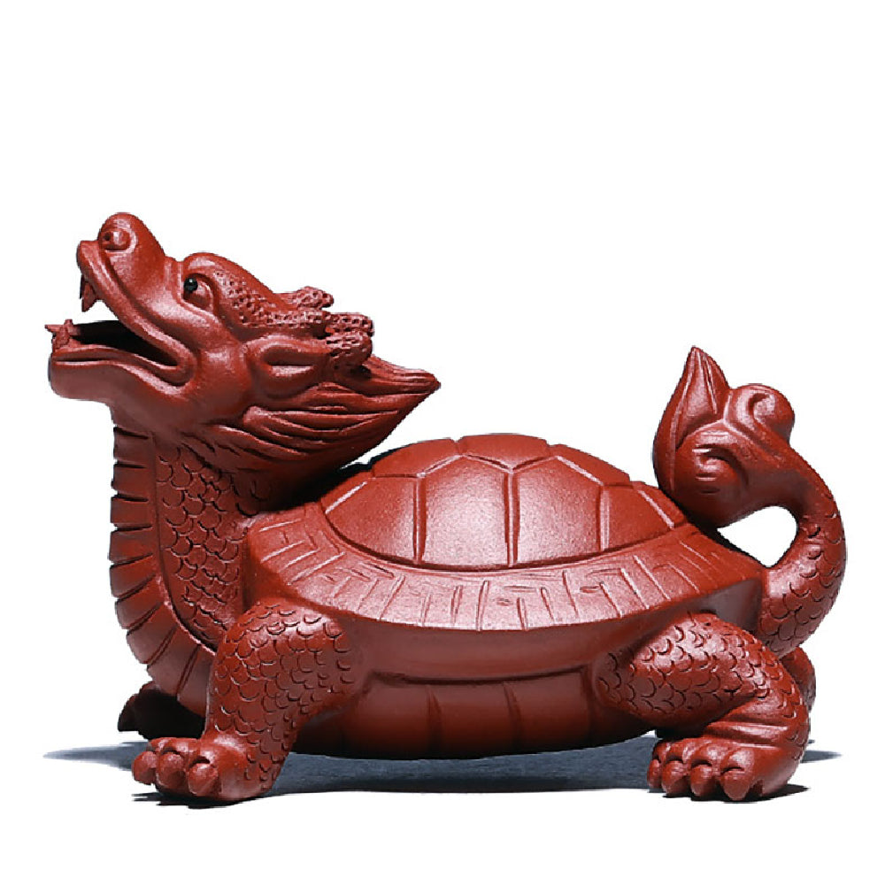 Angled view of the handmade Yixing clay dragon turtle tea pet, showcasing its intricate details and craftsmanship.