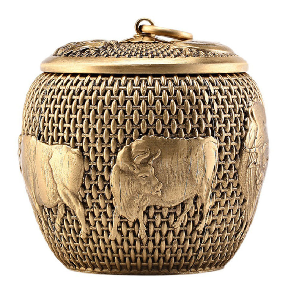 Elegant Five Cattle Brass Tea Caddy showcasing intricate design and polished finish.