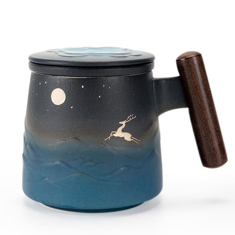 Close-up of Japanese Sky & Deer ceramic tea mug showcasing intricate details and unique design.
