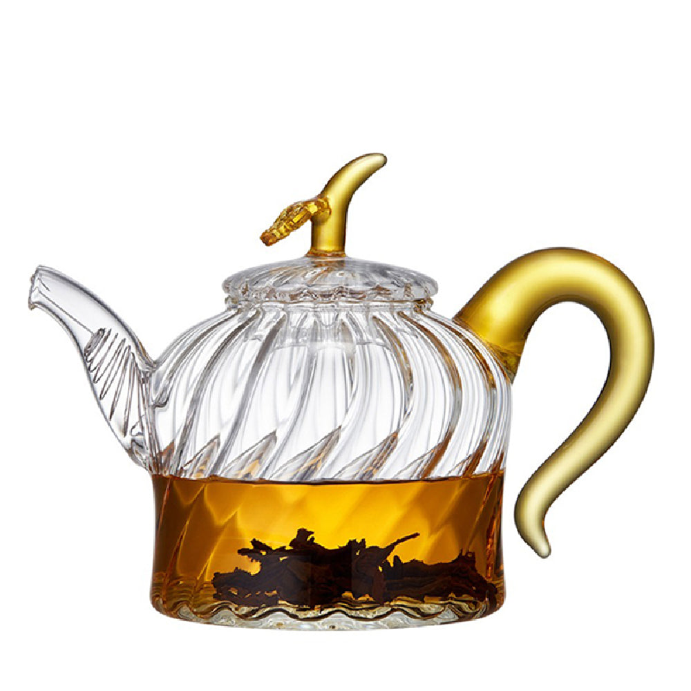 Elegant borosilicate glass teapot with a spiral texture and stainless steel strainer, showcasing its heat resistant features.