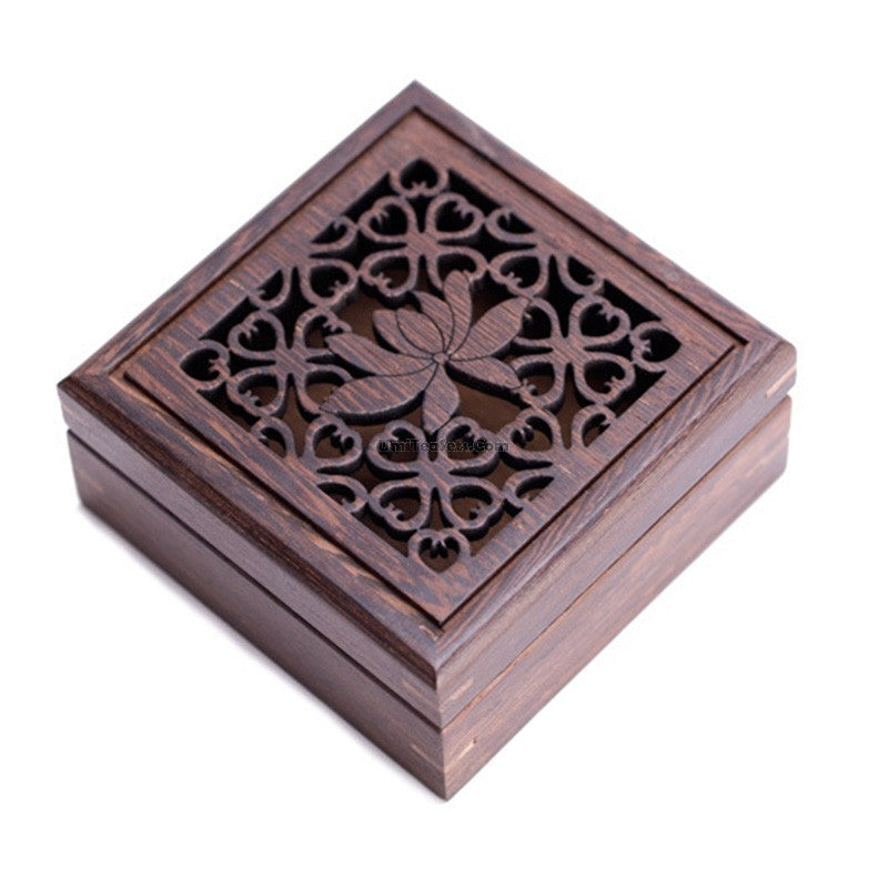 Close-up of the intricate texture and stripes of the wooden tea stand showcasing craftsmanship