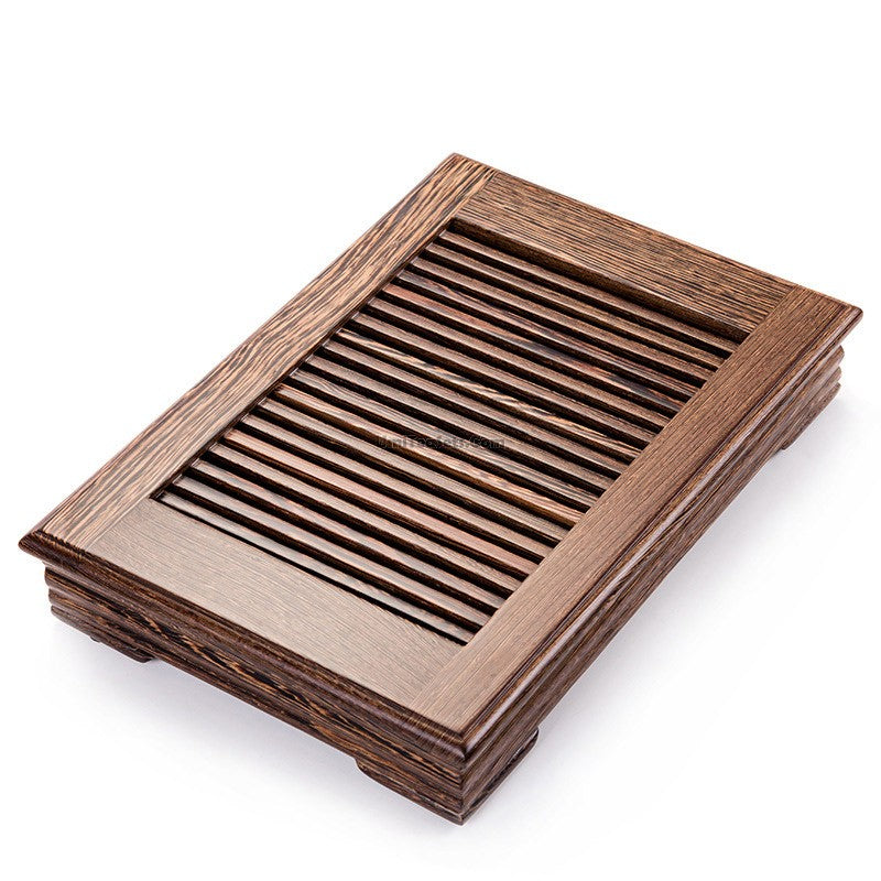 Close-up of Panga-Panga wood gongfu tea tray showing drainage pipe and craftsmanship