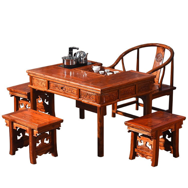 Close-up of vintage Chinese gong fu tea table set with tea accessories