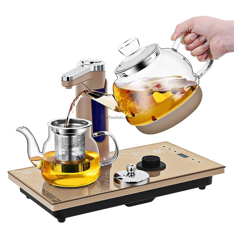 Smart Induction Glass Teapot Set with gold induction cooker, showcasing the elegant design and functionality.