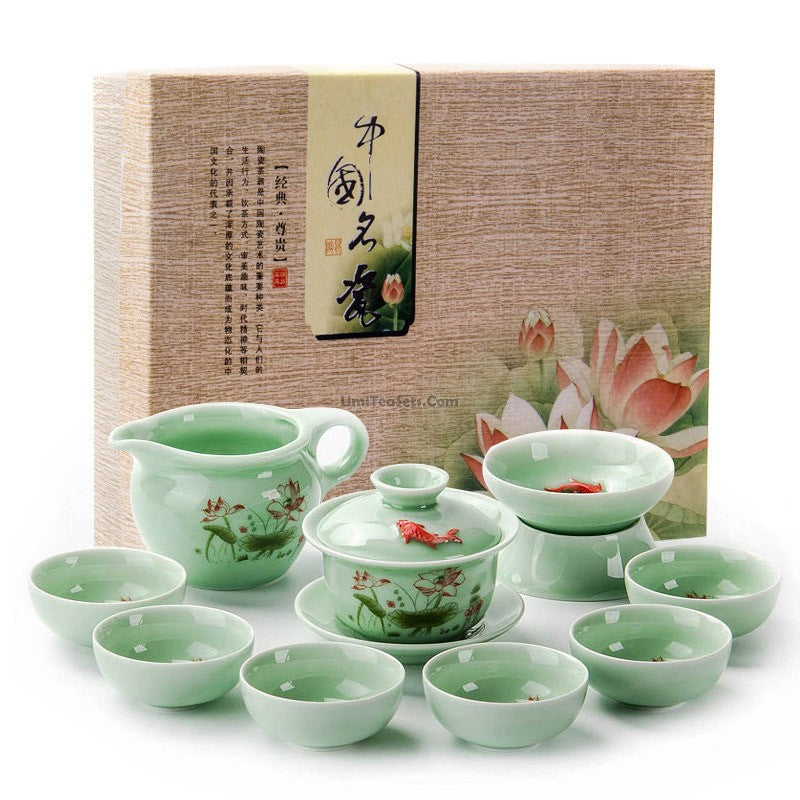 Elegant Lotus Gaiwan Tea Set in Jade Porcelain, beautifully displayed with tea cups and gaiwan.