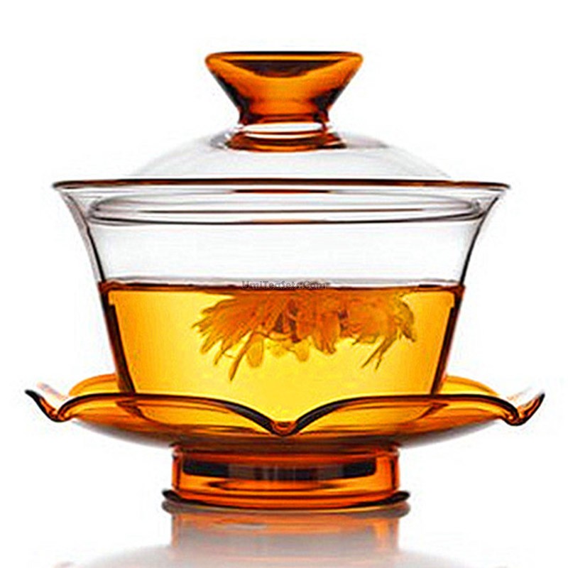 Heat-resistant glass gaiwan with tea leaves inside, showcasing clarity and elegance