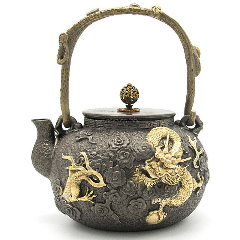 Close-up of intricate dragon carving on Japanese cast iron teapot, emphasizing craftsmanship and tradition
