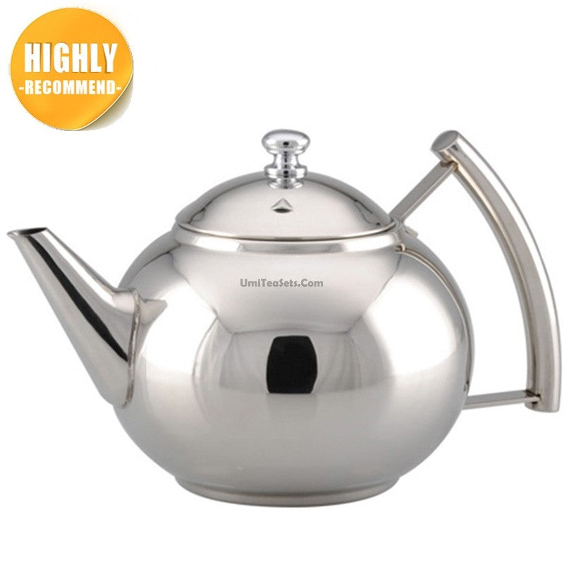 Side view of stainless steel tea kettle with a long spout and heat-resistant handle