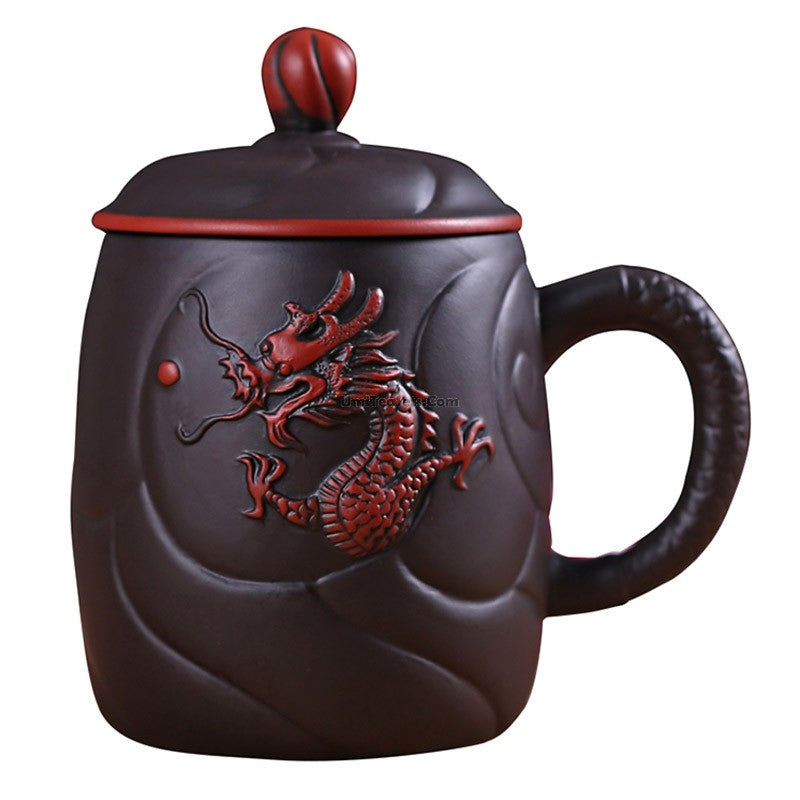 Close-up of the Yixing Purple Clay Dragon Tea Cup showcasing its intricate design and colors.