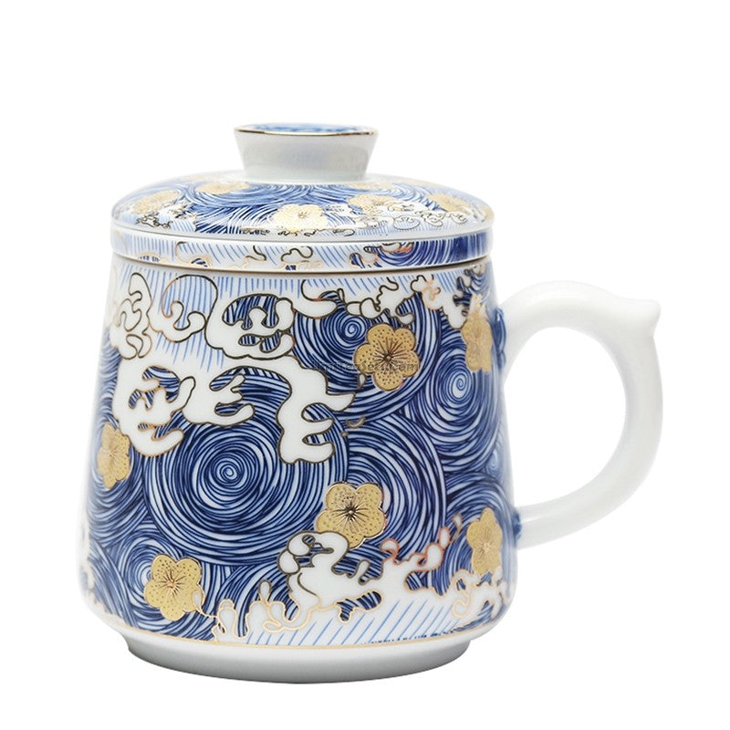 Elegant Chinese Sea Wave Porcelain Tea Cup with Infuser showcasing waves and eddies design.