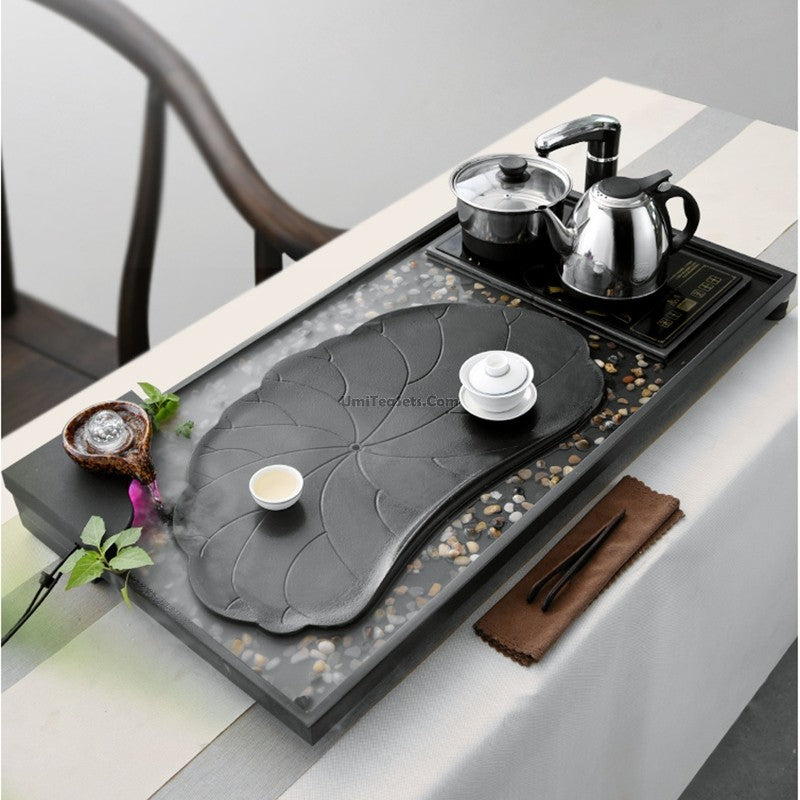 Large black stone tea tray with induction cooker for gongfu tea ceremony