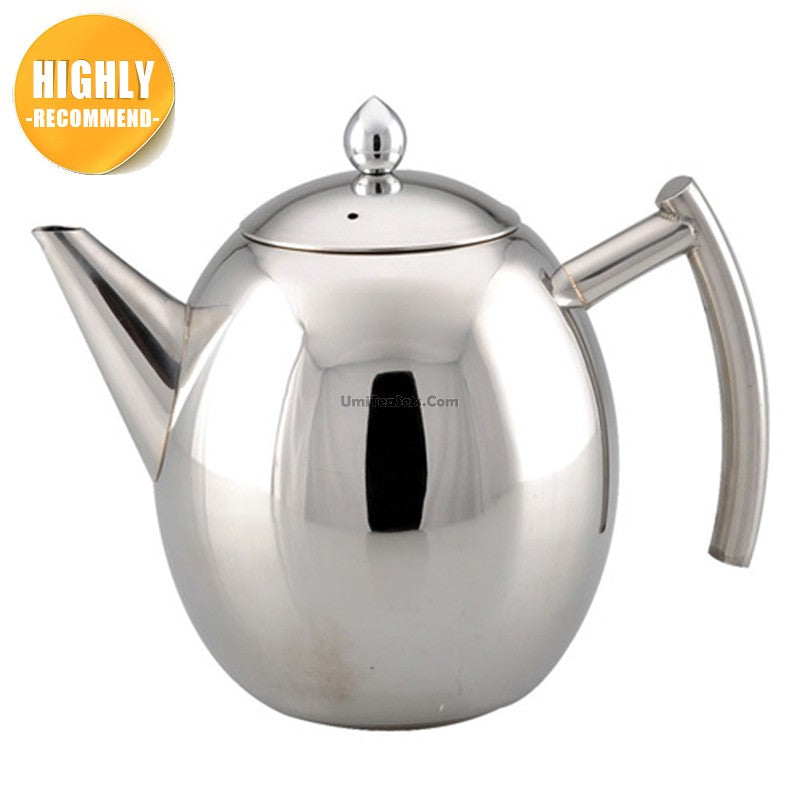Elegant stainless steel teapot with removable infuser from an angle, showcasing the mirror finish.