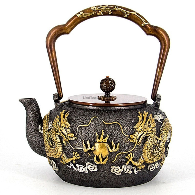 Close-up view of the Double Dragon cast iron teapot showcasing the dragon design.