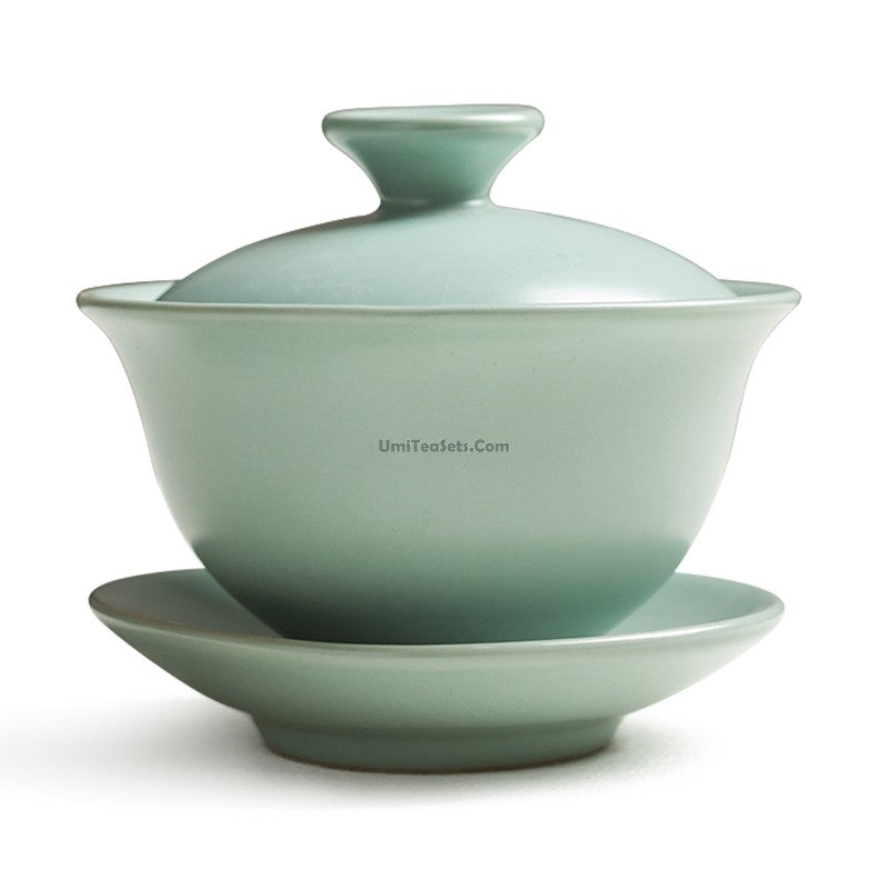 Front view of premium Ru Kiln Gaiwan displaying traditional craftsmanship