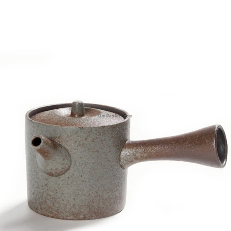 Close-up of the Japanese cylinder teapot made from coarse pottery, highlighting its textured surface