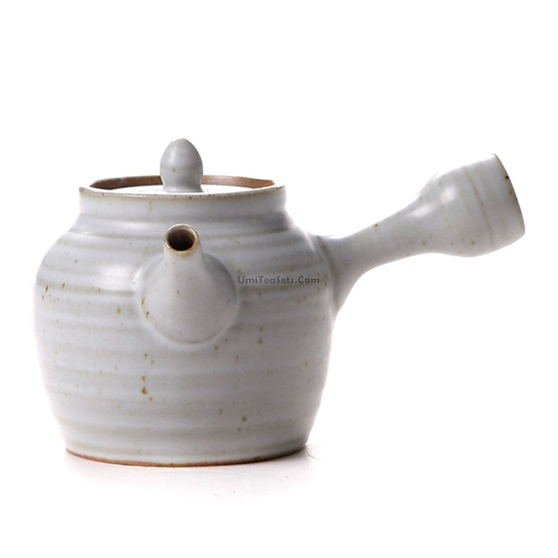 Elegant Coarse Pottery Japanese Teapot Set from a side angle, highlighting its sleek design and matte finish.