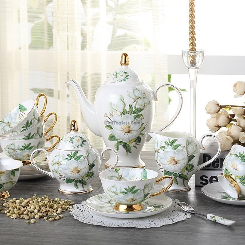 Close-up of the Camellia flower pattern on the bone china tea cups and saucers