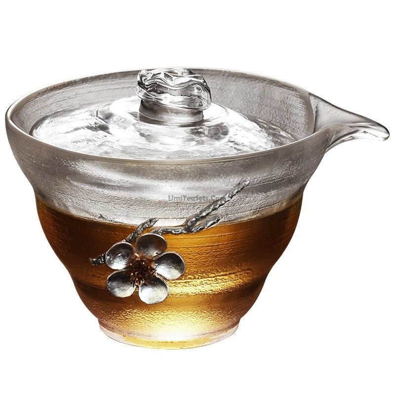 Japanese glass gaiwan with tin plum design for tea brewing