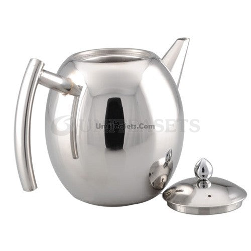 Top view of the durable stainless steel teapot, highlighting the comfortable center-hollow handle and filter.