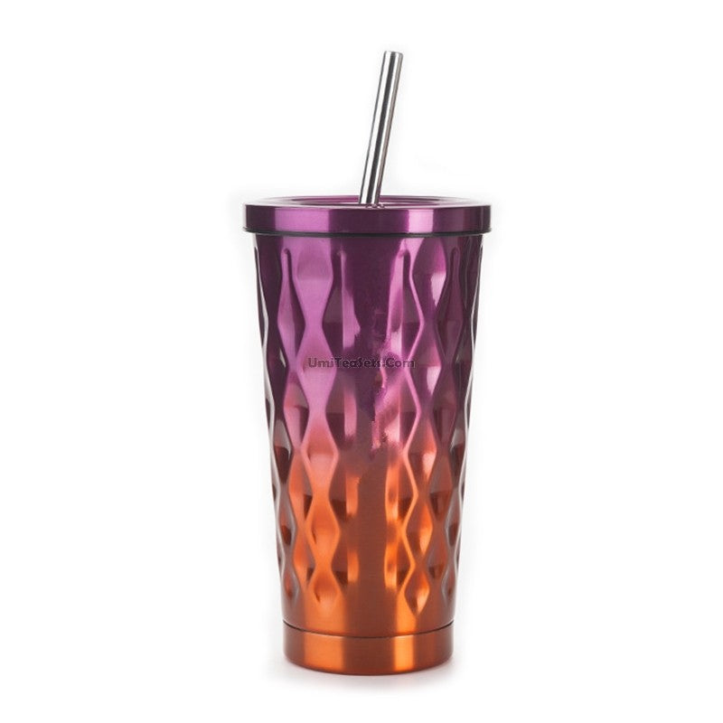 Side view of BreezeSip™ stainless steel cup with straw, ideal for travel