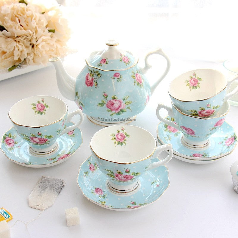 Overhead view of the vintage green dotted bone china tea set arranged for afternoon tea