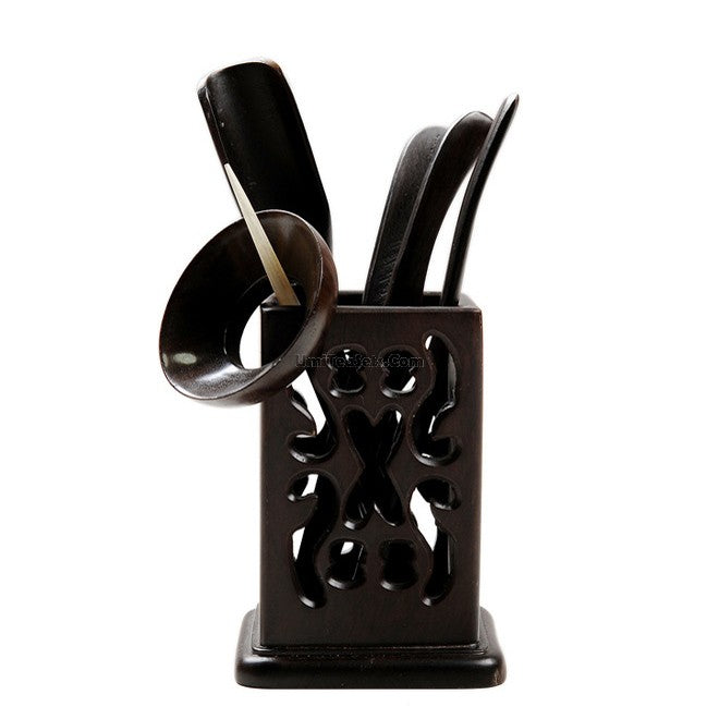 Elegant Black Hollow tea utensil set displayed with wooden container, showcasing all six tools for Gong Fu ceremony.
