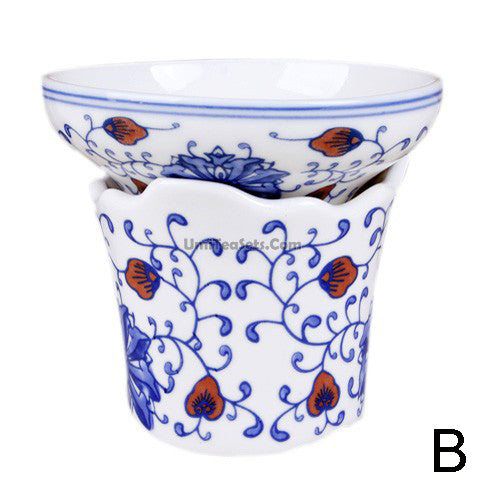 Blue Peony premium tea strainer in action, pouring clear tea into a cup without any leaves.
