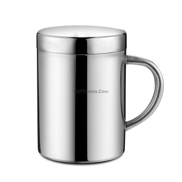 Elegant stainless steel tea cup set displayed on a wooden table, perfect for outdoor gatherings.