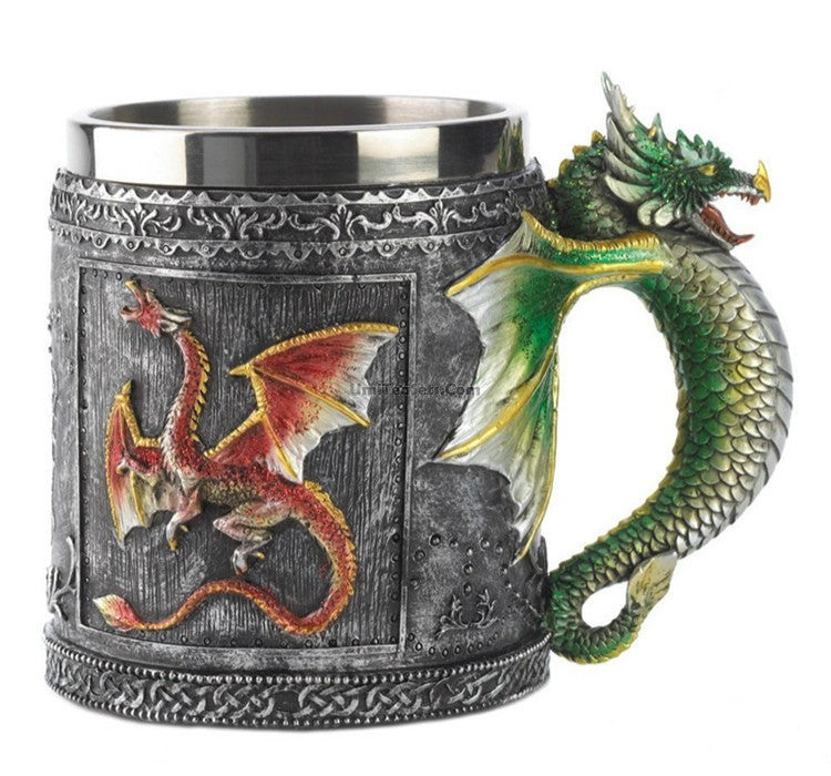 Close-up of the dragon design on the stainless steel mug, showcasing its unique pattern.