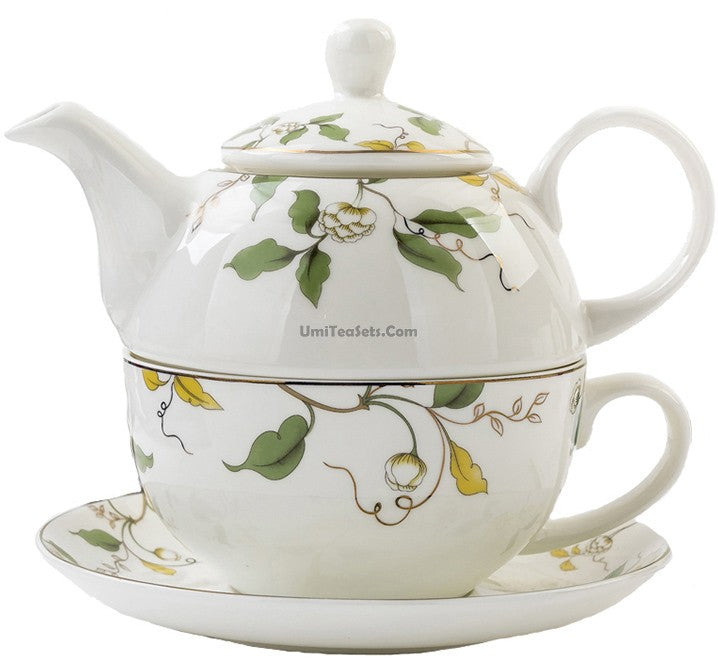 Close-up of the floral leaf bone china teapot showcasing its vibrant glaze and intricate details.