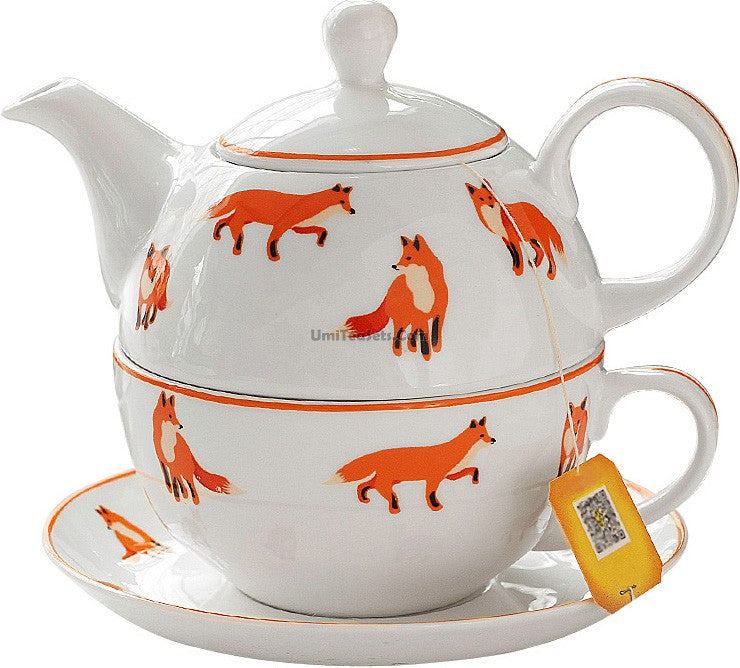 Front view of fox bone china tea for one set with teapot, cup, and saucer