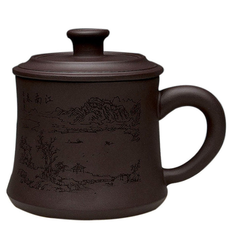 Yixing purple clay tea cup with traditional design and engravings