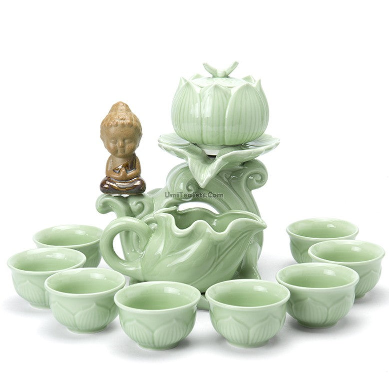 Close-up of Jade Porcelain Lotus Automatic Tea Set with intricate lotus leaf relief