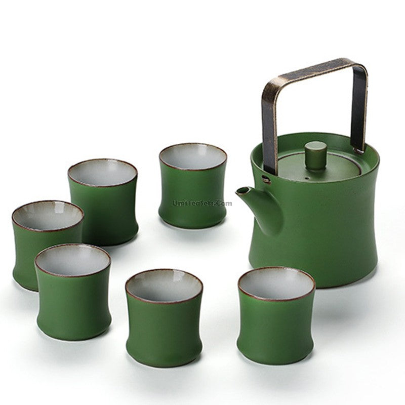 Elegant Green Bamboo Porcelain Tea Set displayed with tea cups and teapot