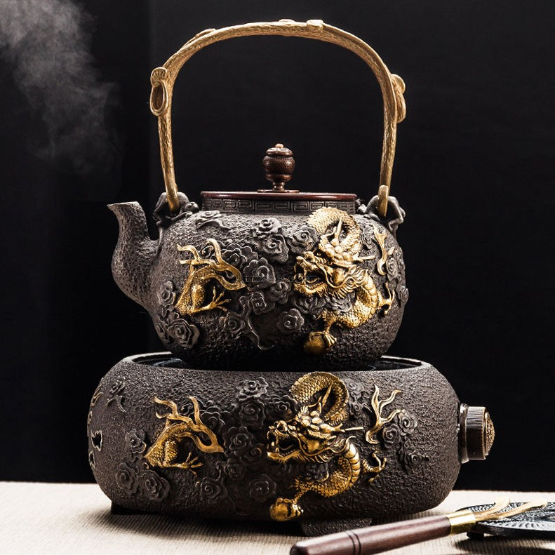Elegant Dragon Cast Iron Teapot showcasing intricate design and craftsmanship.
