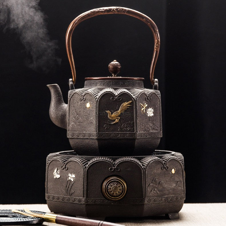 Close-up of the elegant octagonal cast iron teapot showcasing its intricate design.