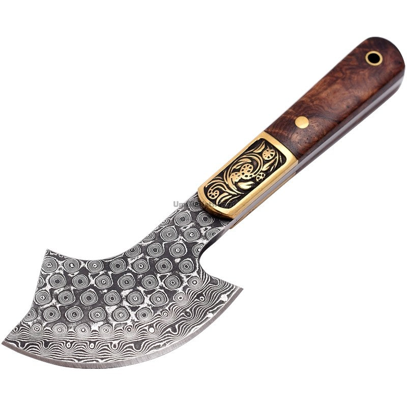 Close-up of the artisan puerh tea cake axe cutter against a wooden background, showcasing its solid wood handle and stainless steel blade.