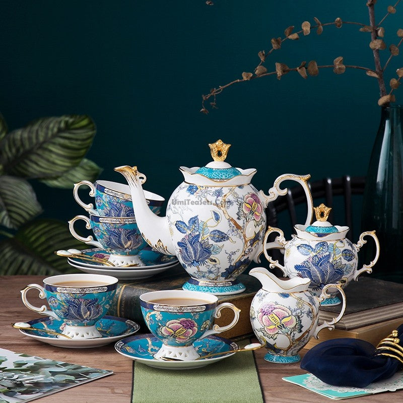 Elegant Blue Flowers Vintage Bone China Tea Set displayed on a table for afternoon tea.