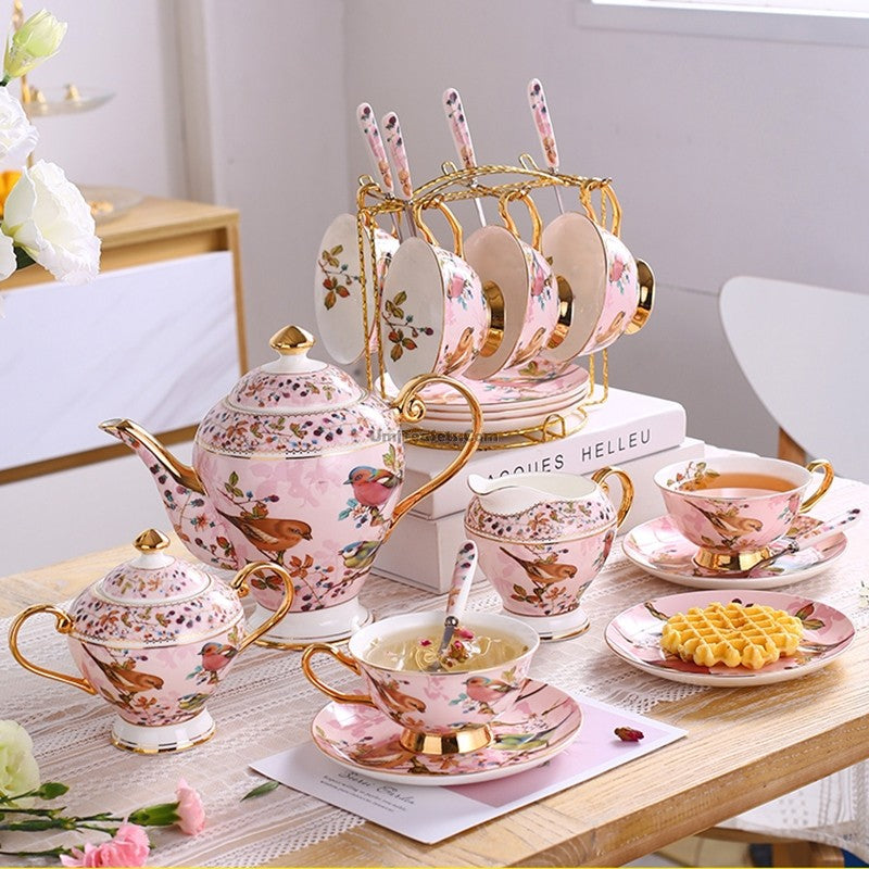 Elegant pink birds vintage bone china tea set for afternoon tea